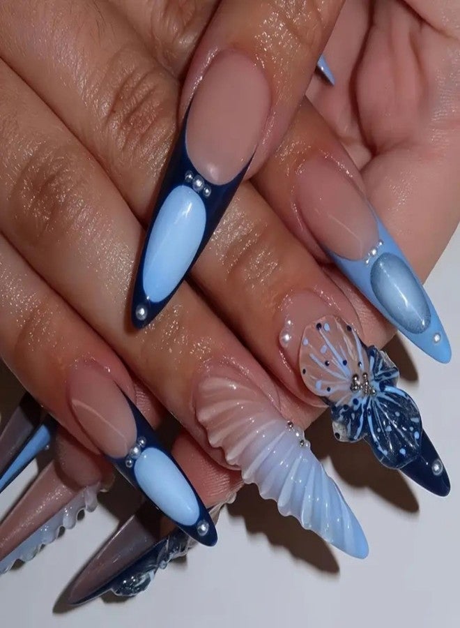 Sevgob Handmade Press on Nails Long Almond Glue on Nails with Flower Charm Design Blue French Tips Stick on Nails 3D Pearl Water Ripple Fake Nails Glossy Summer False Nails for Women Girls Manicure 24Pcs - Image 1